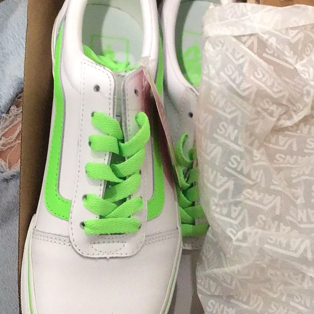 White Leather Old School Vans with Green